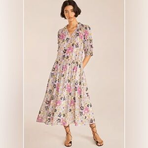 Rebecca Taylor Floral Midi Dress - Multicolor Size Small Puff Sleeve